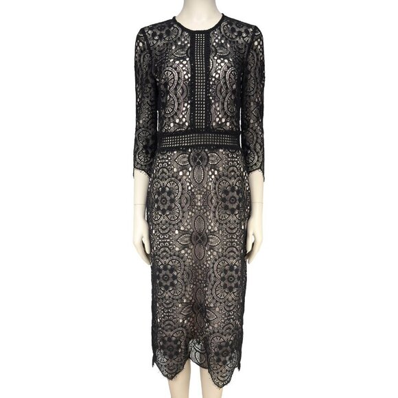 The Kooples Dresses & Skirts - THE KOOPLES Chic Cocktail Lace Sheat 1/2 sleeves  Midi Black & Cream Dress sz S